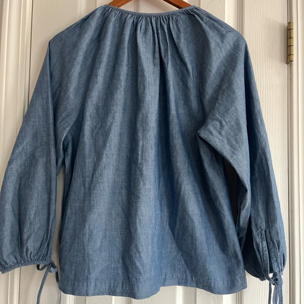 J. Crew Blue Button-Front Peasant Blouse with Tie Neck - Picture 3 of 6